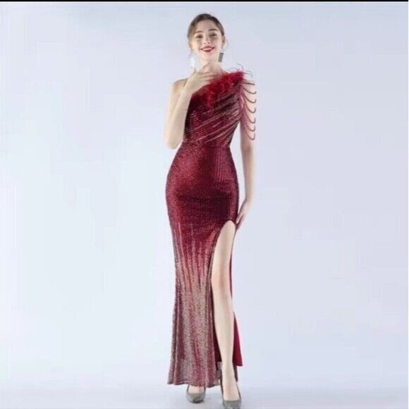 Crimson, One Shoulder Beaded,  Feather Neckline,  Sleeveless,  Sequined Gown - Picture 9 of 14
